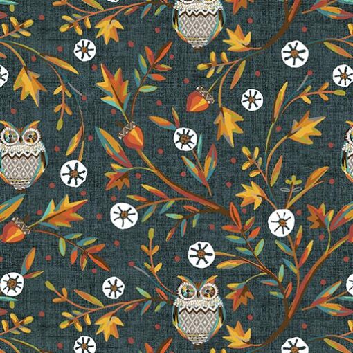 Woodland Vine Owls Lt. Teal (hello Fall)