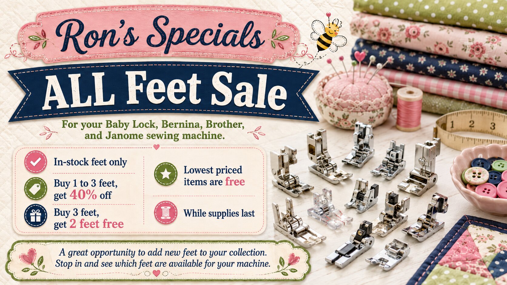 Special savings on in-stock sewing machine feet